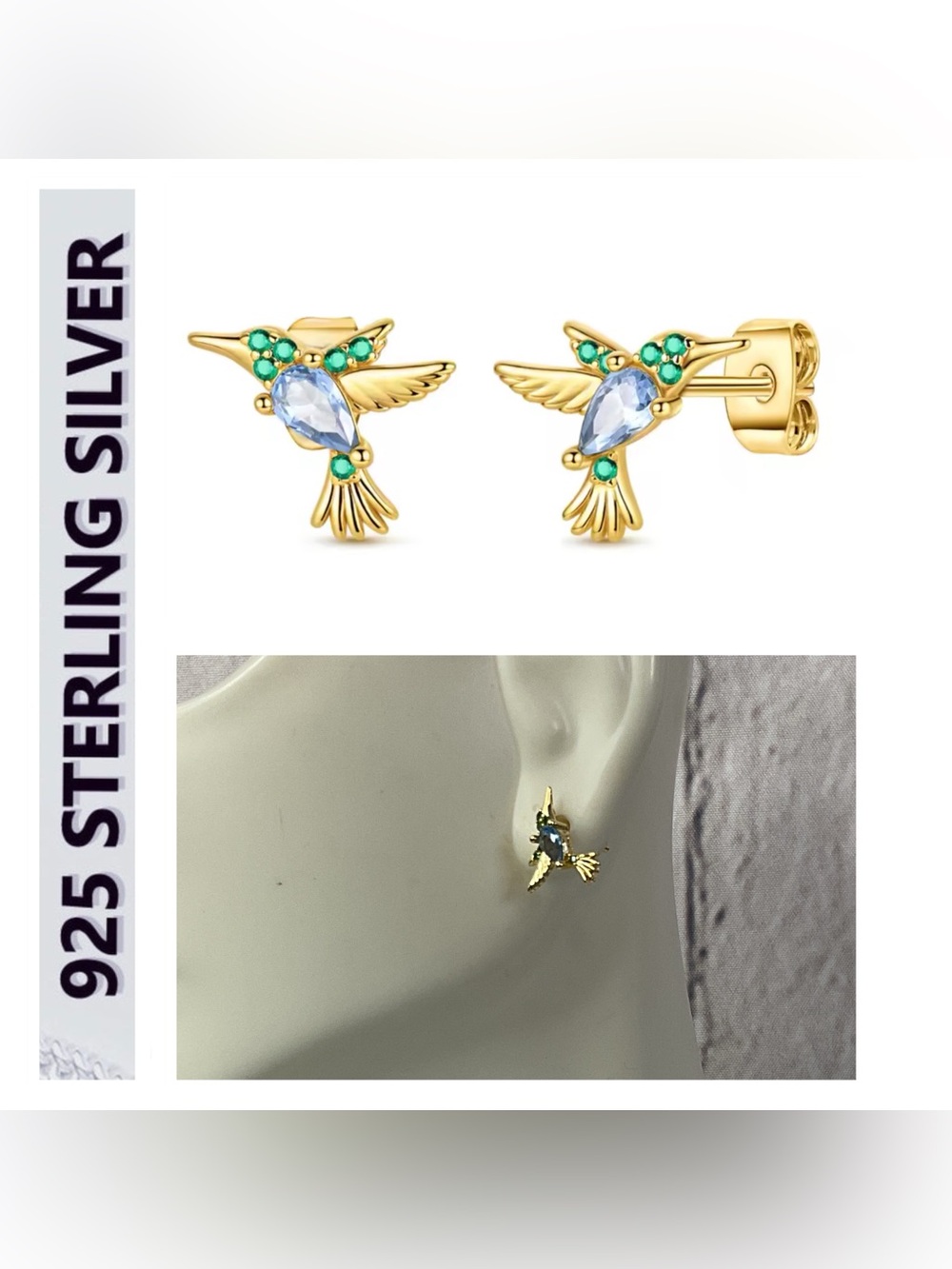 🌟🌟 18K Gold Plated Hummingbird Stud Earrings with Blue and Green Stones